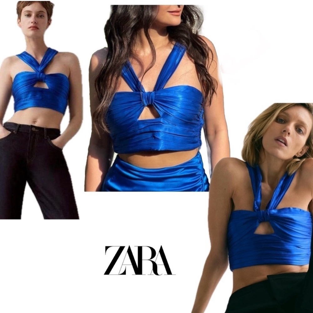 Zara Royal cobalt blue satin effect ruched cut out front knot halter crop top S